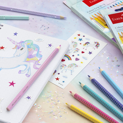 Faber Castell FC-201542 Colour Grip Kleurpotloden 10 Stuks + 3 Sparkle Pastel Kleurpotloden en Unicorn Stickers
