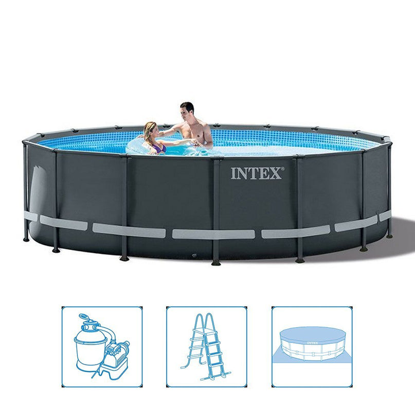 Intex 26326GN Ultra XTR Frame Zwembad 488x122 cm + Zandfilterpomp en Trap Grijs