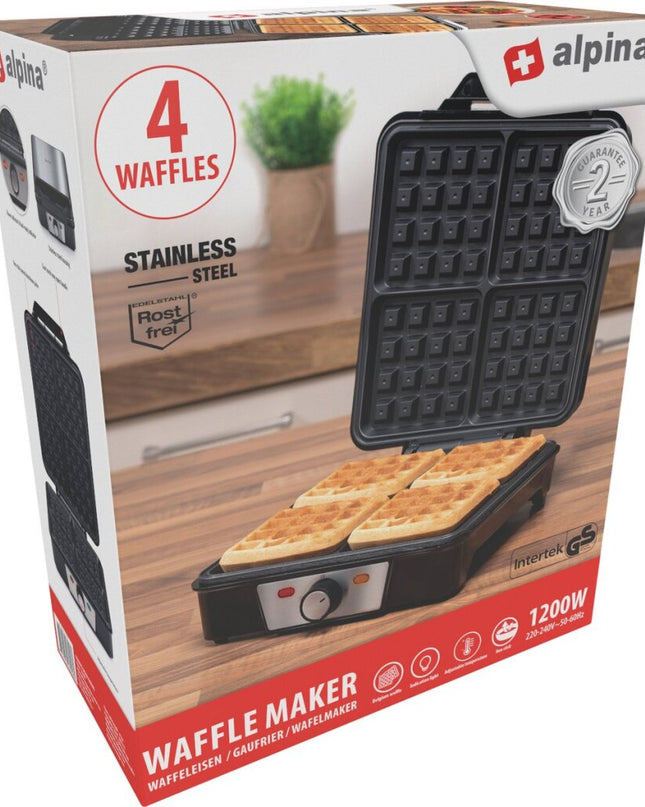 Alpina Wafelijzer Brusselse Wafels Antiaanbaklaag 4 Wafels 1200W