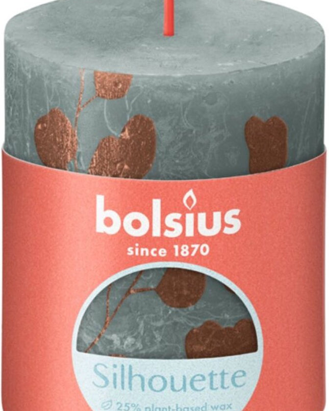 Bolsius Rustiek printed Stompkaars 80/68 Eucalyptus Green